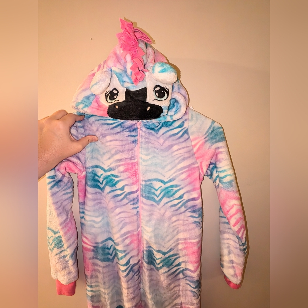 NWT Jellifish Kids Open Foot Onesie Pajamas Pink & Blue Zebra Size Large 10/12